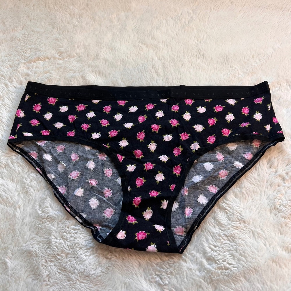 Victorias Secret Black Pink Floral Rose Hiphugger Panty Logo Waistband Large NWT